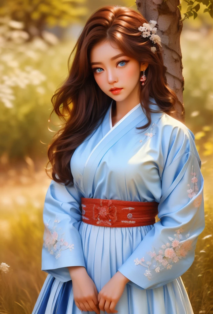 (finely detailed beautiful eyes and detailed face, masterpiece sidelighting, masterpiece, best quality, detailed, High resolution 8k stock photos),, (1 woman, whole body, pretty girl, glowing skin, looking down, looking at viewer),, (Brown hair, blue eyes), (red korean clothes_Very detailed and delicate description, Summer Hanbok), (dressed up_Underbust:1.2),