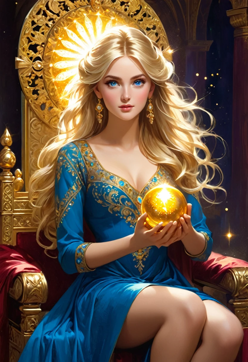 The incredible beauty golden-haired blonde has a pretty slender figure. She has long golden hair and large bright blue eyes, her face is worked out to the smallest detail, the whole face is completely, the girl is dressed in an elegant, luxurious dress embroidered with gold, which emphasizes her charms. The girl sits cross-legged on a golden throne and radiates extraordinary charm and beauty. In her hands she holds an energy ball, from which sparkling light emanates between her fingers. Colorful energy balls hover in the air behind her, reflecting her power and control over the supernatural realms. The girl looks like a brilliant sultana with indescribable abilities. She can manipulate time and space, control energy and reality with amazing grace. This image reflects his strength and superb elegance, as well as a stunning radiance that attracts and dazzles everyone who looks at him from below. Open cleavage, medium chest, excellent quality, lots of details, Puri focus Sharp and realistic. 