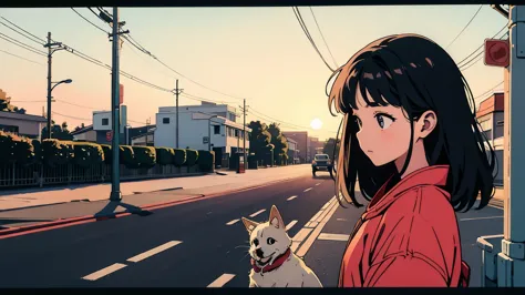 masterpiece, highest quality, a girl walking her dog in a quiet suburban tokyo neighborhood at sunset, enjoying the calm atmosph...