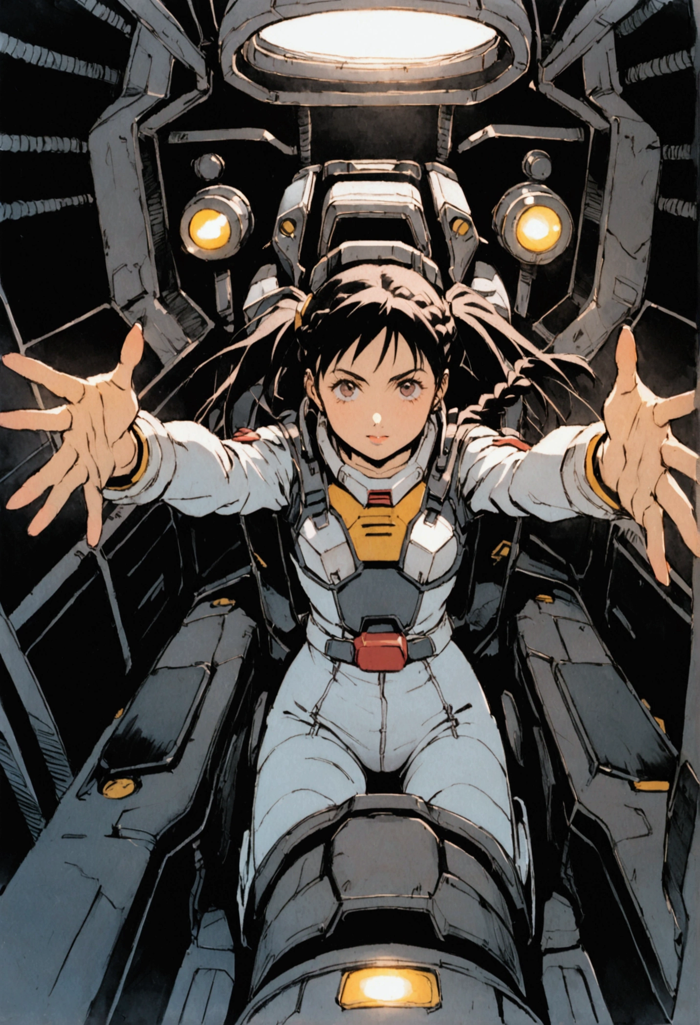 Gundam Wing Cockpit、Futuristic Suit、22 years old、Very beautiful woman、solo、Black Hair、Braid、Pigtails、The meter lights up、Raise your hands and shout your special move.、Dynamic pose、Shooting from above with a wide-angle lens。