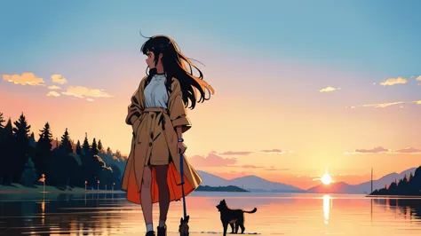 a girl is walking her dog at sunset, sunset ,serene atmosphere