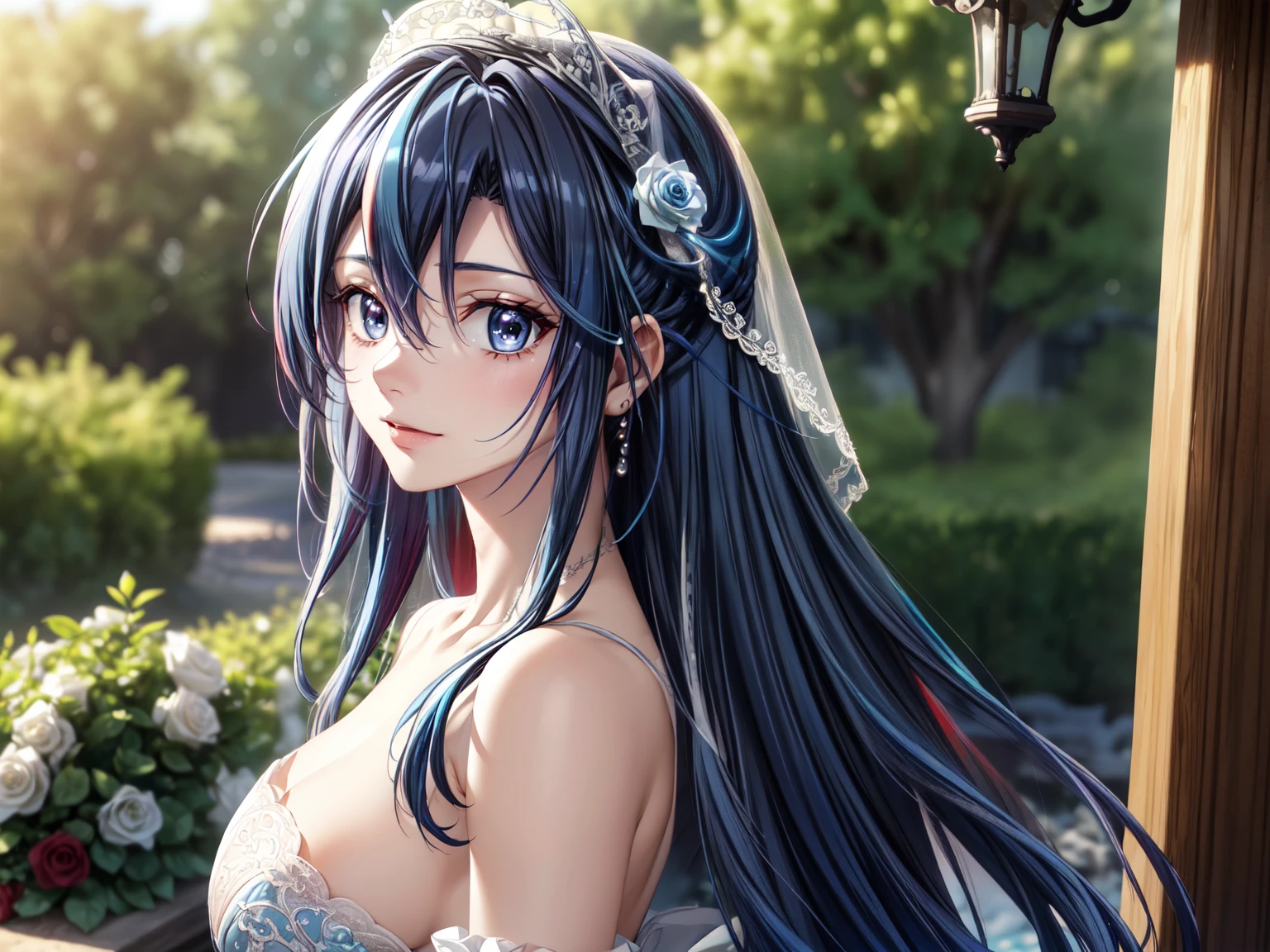 (masterpiece, best quality, beautiful and aesthetic:1.3), look back, side view, 1woman, ((very mature woman)),(30 years old, thirties), solo, light smile,  (blue hair streaked black:1.4), (Gradient blue hair ends:1.6), hair strand, absurdly long hair, single sidelock, wavy hair, shiny hair, floating hair, (deep blue eyes), delicate eyes, aqua eyes, super high detailed eyes, long upper eyelashes, makeup, Focus on face, Very detailed facial, Pretty Face, Perfect breasts, hot body, (Delicate skin texture:1.2), bridal veil, (Red lace-trimmed dress), see-through, (Red wedding dress), outdoors, white roses, garden, morning, standing, extreme detailed, light smile