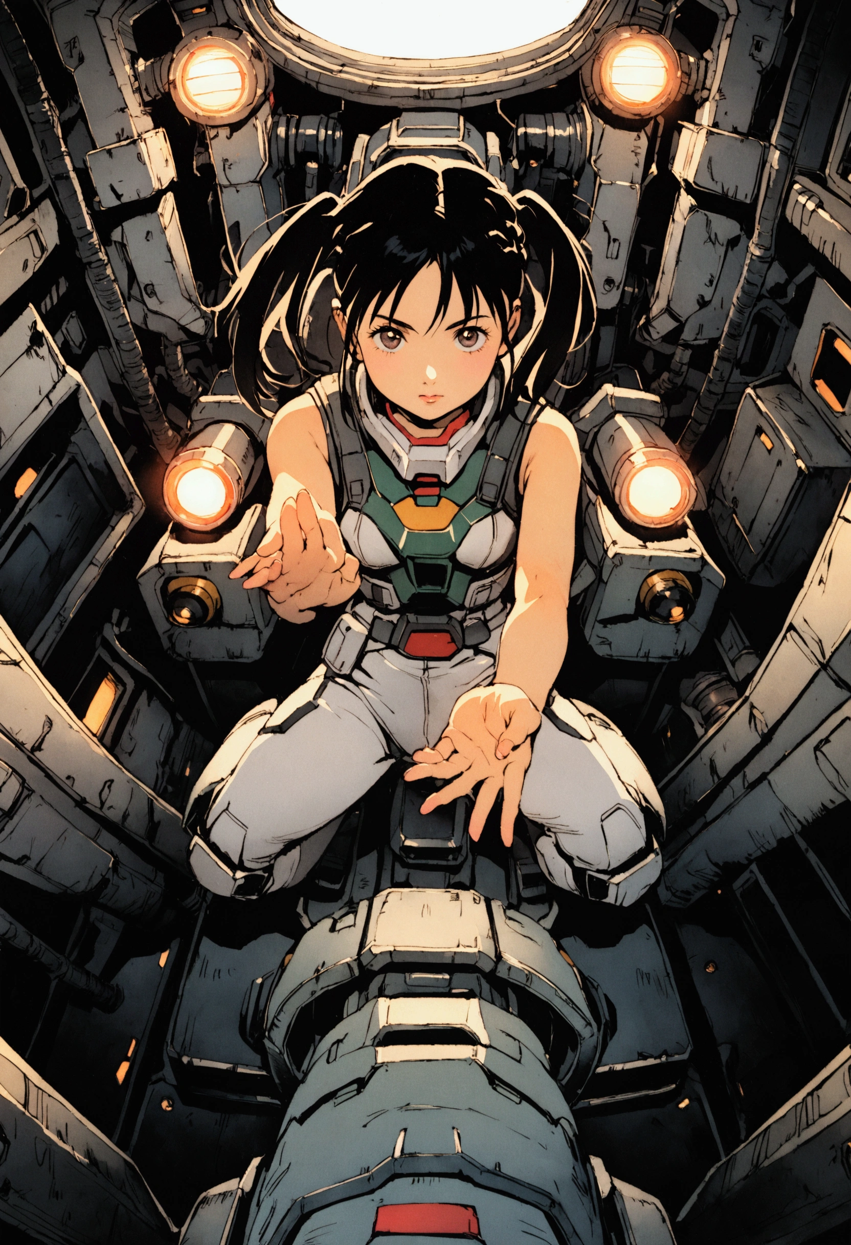 Gundam Wing Cockpit、Futuristic Suit、22 years old、Very beautiful woman、solo、Black Hair、Braid、Pigtails、The meter lights up、Raise your hands and shout your special move.、Dynamic pose、Shooting from above with a wide-angle lens。