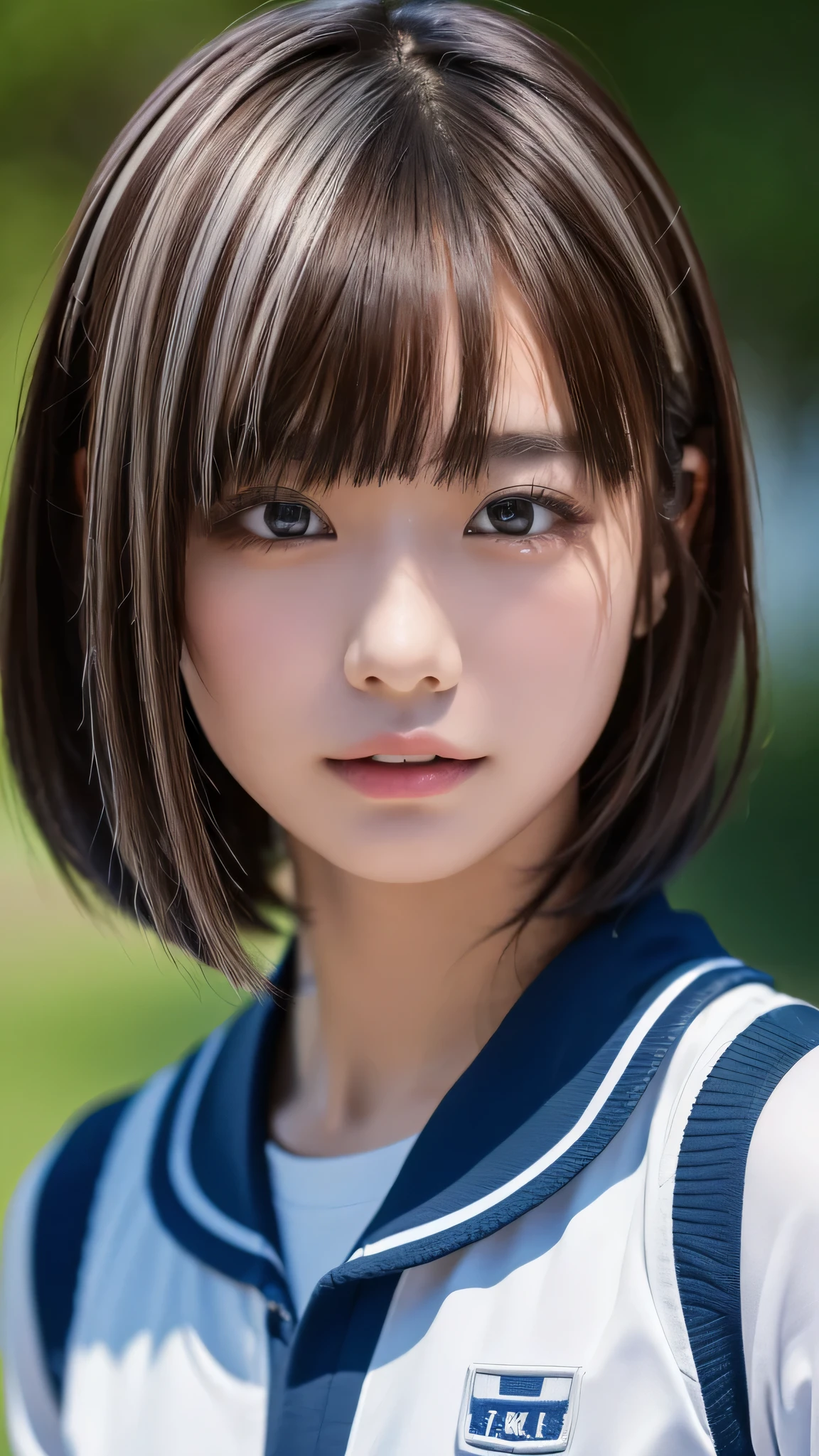 ((masterpiece, Highest quality, High resolution)), 1 Japanese girl, (Realistic: 1.4), excited、Great face,Glossy lips、15 years old, Silver Hair、Silver Hair、short hair, Silver Hair、(Beautiful Hair:1.5), Sailor suit, school uniform、beach、Staring、Keep your mouth pointed、Keep your mouth pointed、Keep your mouth pointed、Angle from the front, Smooth, Highly detailed CG composite 8K wallpaper, High resolution RAW color photos, Professional photography, Light, BackLight, dream-like, impressive, Written boundary depth, (Face close-up:1.5)
