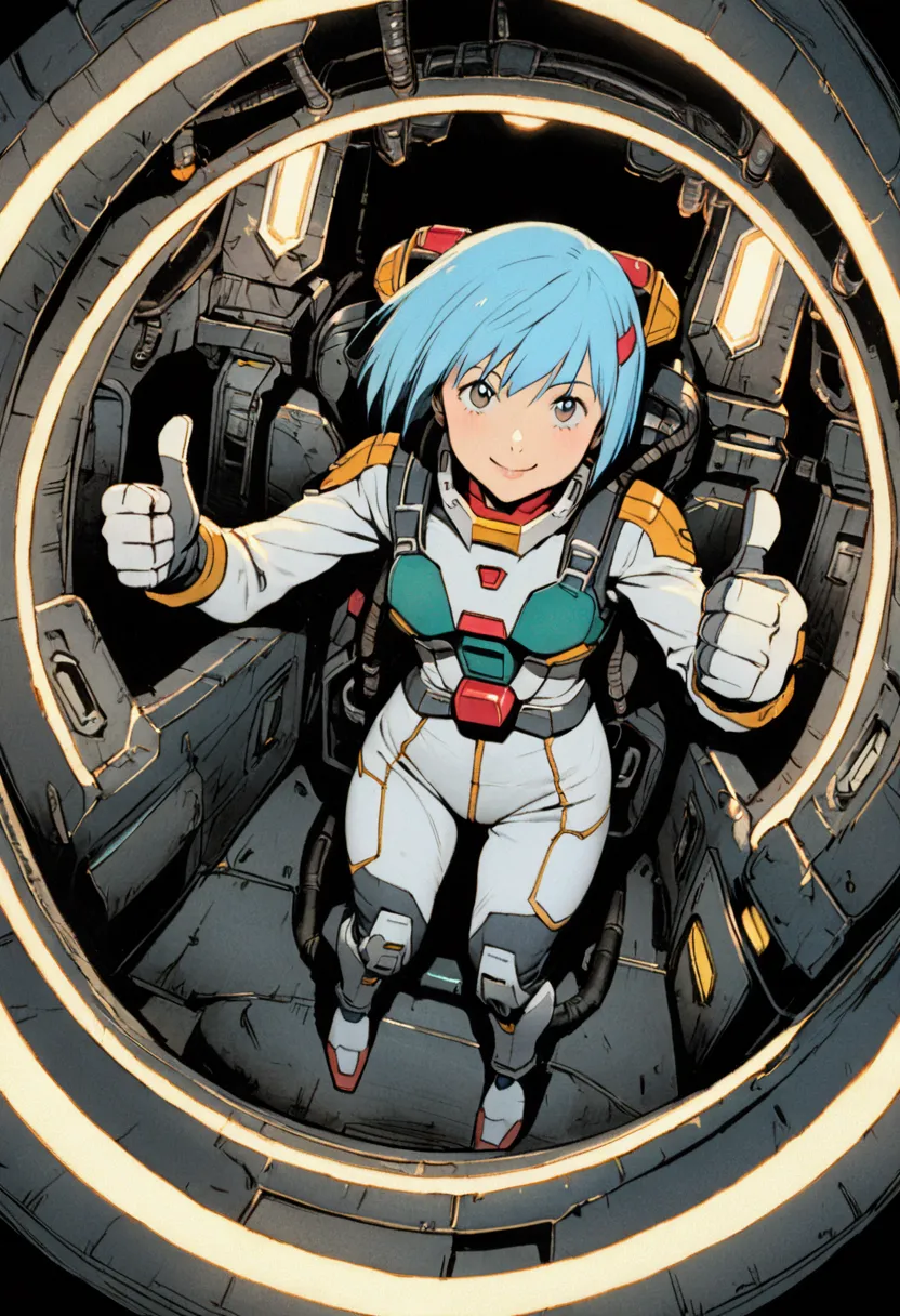 gundam wing cockpit、futuristic suit、20-year-old、very beautiful woman、solo、blue hair、bobcut、the meter lights up、thumbs up、smile、d...