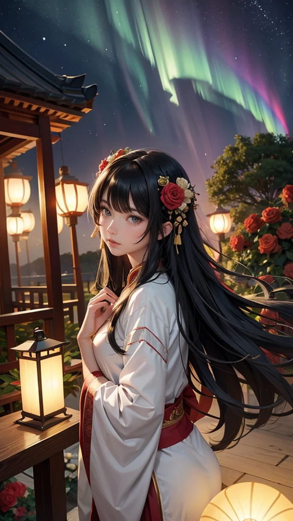 roses, ornament hair, black hair, long hair, sky, rainbow colors in the aurora boreal, night, chinese style, hair ornament, hair flower, golden roses, long hair, solo, roses on focus, seat, lanterns, lanterns rite, shrine, temple, sanctuary