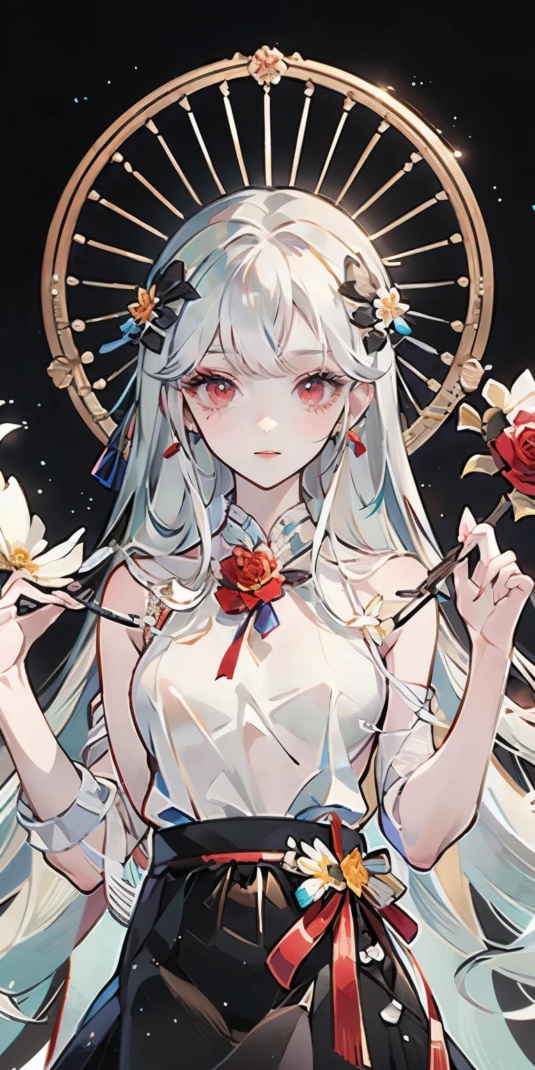 (best quality, masterpiece), (1 Girl, Solitary, Black skirt, permanent , Looking at the audience, White hair, Red Eyes, Holding a rose, Shut up, Upper Body), (There is a red dream catcher behind, safflower, )