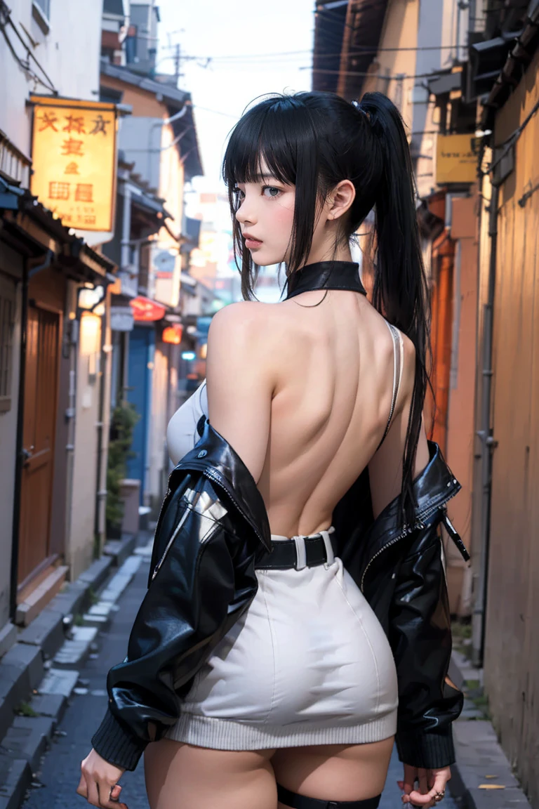 (((nsfw0.8))),Looking into the camera,(((Highest quality, 8k, masterpiece))), ponytail,Sharp focus, (Beautiful woman with perfect figure), thin, (Hairstyle: wonderful)), ((Back alley at night)), street: 1.2 Highly detailed face and skin texture Detailed eyes double eyelid random pose, (smile), Realistic Face, double eyelid,smile, Cyberpunk City , At sunset , Beautiful Teeth , Thigh straps, Wear a leather jacket、Off-the-shoulder sweater、Grey vertical rib sweater dress、Fishnet tights、garter belt、Night view、Full Body Shot, Centered,