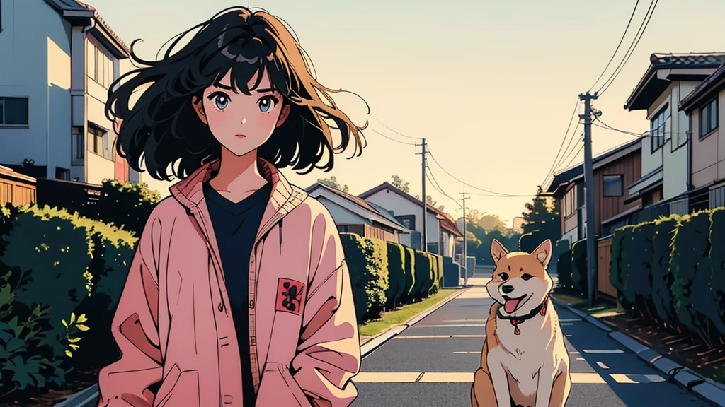 masterpiece, Highest quality, A girl walking her dog in a quiet suburban Tokyo neighborhood at sunset, enjoying the calm atmosphere,beautiful eyes, solo,