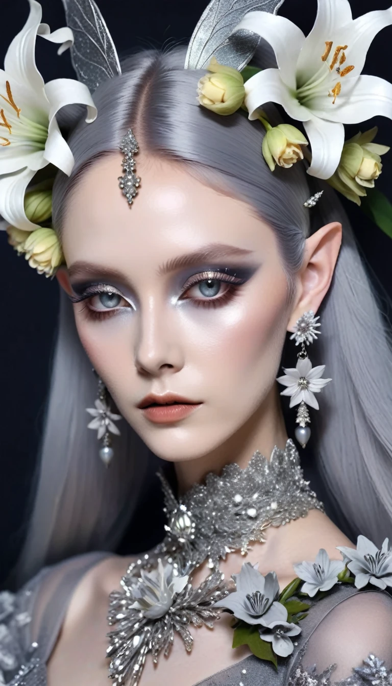 One was wearing a silver dress、Close-up of woman with flowers in hair, Big earrings and queer make up, Ethereal beauty, Fairy eyes, Giant earrings, Exquisite and sexy makeup, 2020 fashion, Big earrings, Big earrings, Fairy Tale Core, Ethereal!!! Surrealism, grey, Gothic Makeup, Beauty funeral, Unusual lily ears
