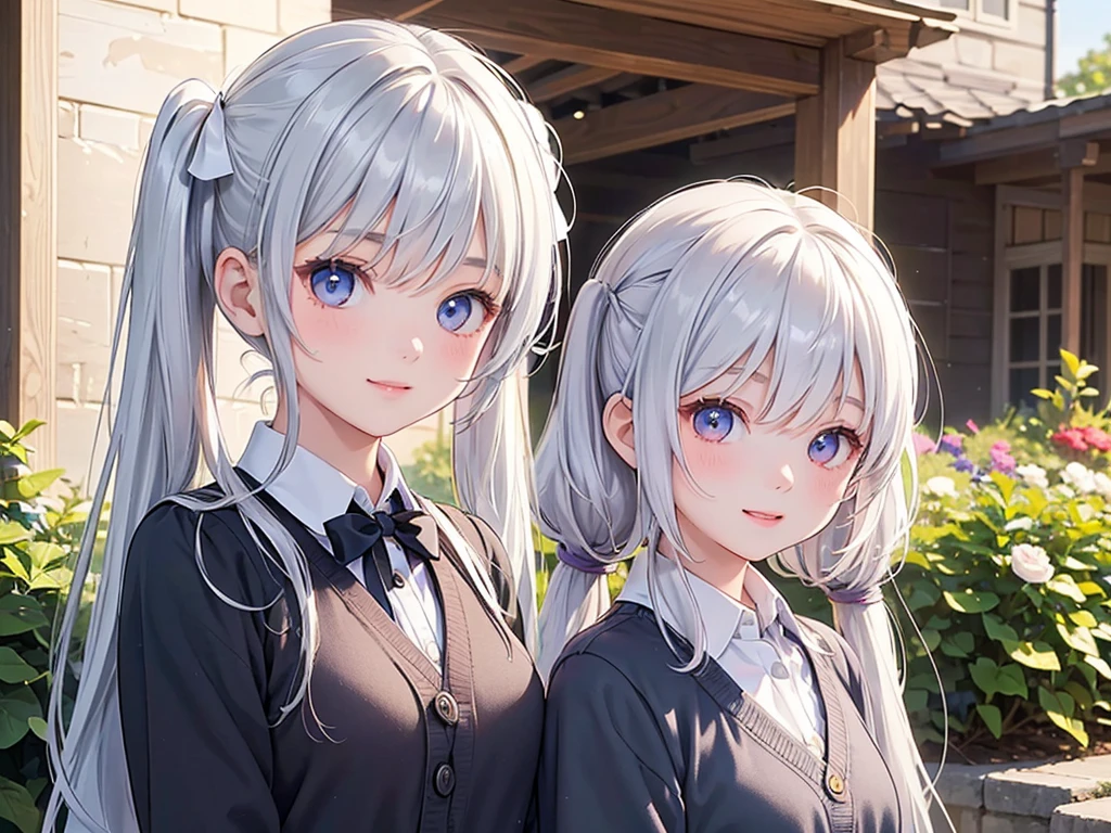 master piece,best quality, detailed beautiful face and hair, ,score_9, (((((1girl))))),16 years old,silver hair,Long hair((high twintails)) , Collared shirts and cardigans, ,(((Make the outline of your hair clearer )))、Smile、garden,(((face)))
