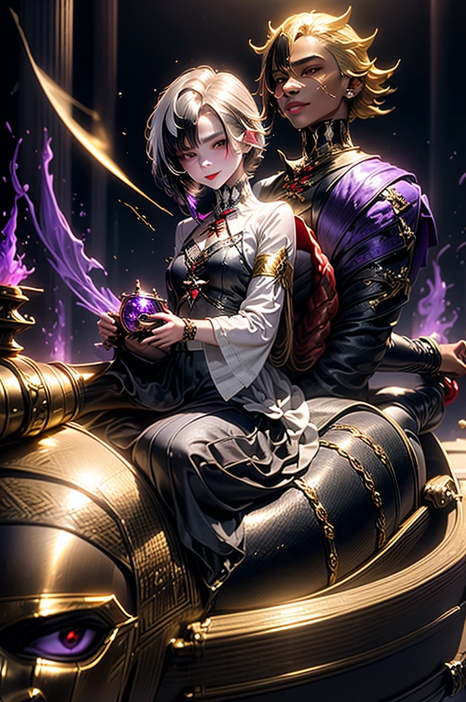 1 girl, king, short hair, by white, a mask that covers half his face, Plague mask with gold details, Black sexy magician outfits with gold details, mischievous smile, Red lips, riding a black horse with red eyes, a whip of purple magic in his hand. 