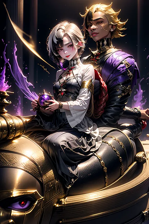 1 girl, king, short hair, by white, a mask that covers half his face, plague mask with gold details, black sexy magician outfits...