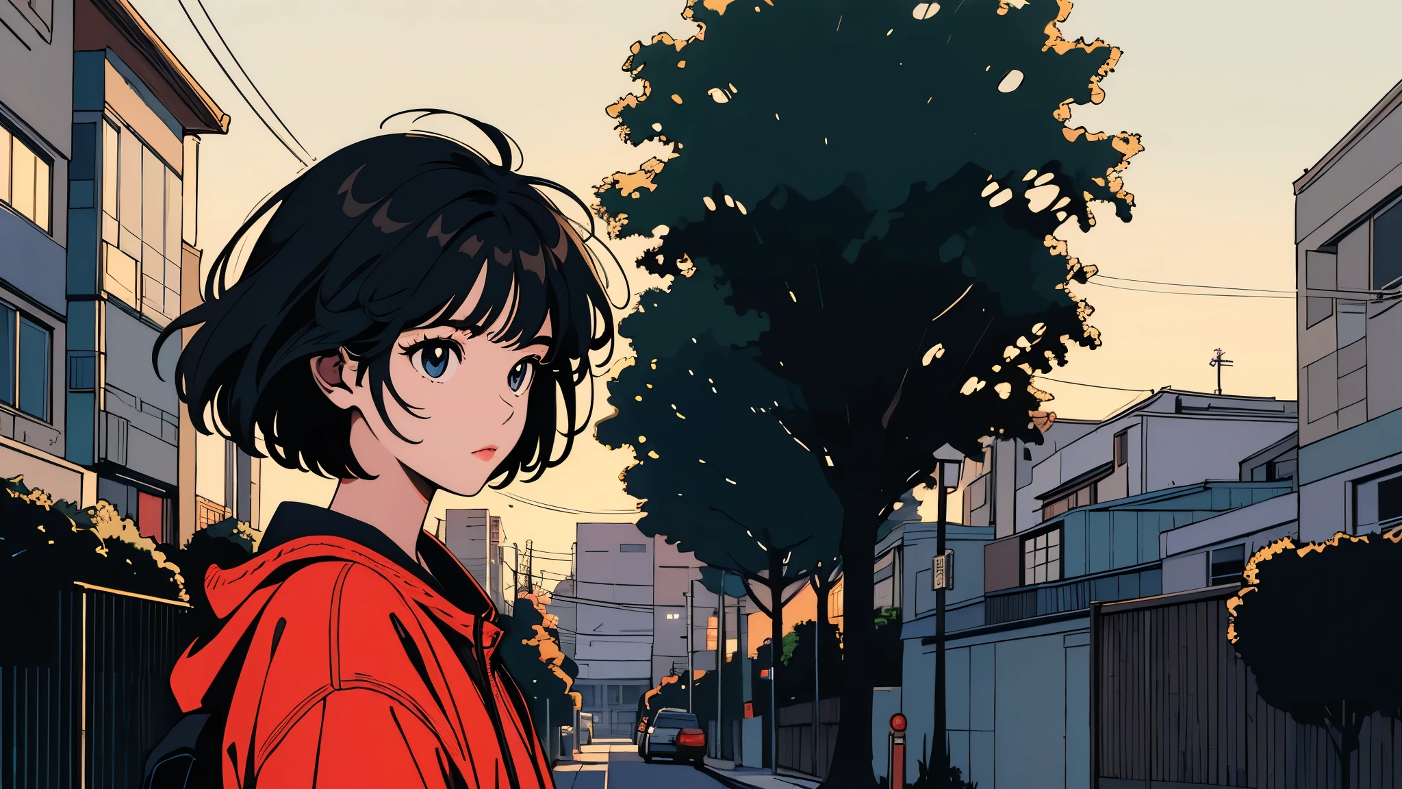 masterpiece, Highest quality, A girl walking her dog in a quiet suburban Tokyo neighborhood at sunset, enjoying the calm atmosphere,beautiful eyes, solo,