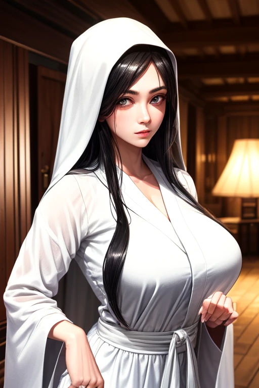 masterpiece, Highest quality,  Unreal Engine,  Super Resolution,  Very detailed, Complex, colorful, Clear images, Sharp focus, Digital Blending, 

Beautiful woman, Mountain village_Sadako, ((White Robe)), ((Pale skin)), (Ghost Woman), Black Hair, Perfect Eyes, Perfect Face, Ultra detailed hair, Ultra detailed face, Very detailed lips,Vivid expression, Healthy Body, Beautifully detailed sweat glands, Smooth skin texture, Carefully drawn,
(humidity:1.2), Beautiful Eyes, (Attractive face:1.2), (Beautiful Skin), (Big Breasts), Sticky with sweat, In a dynamic pose,

The world of rings, indoor, In the old house, 