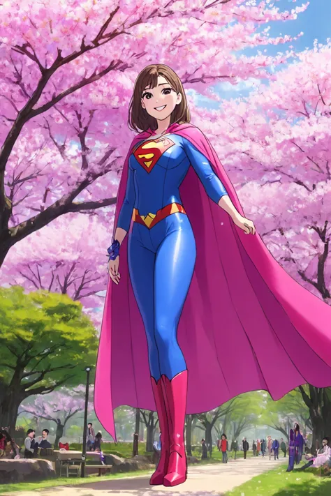 masterpiece, best quality:1.2), 1girl, smile, looking at viewer, hijiri ageha, dressed as superwoman, full bodysuit, pink catsui...