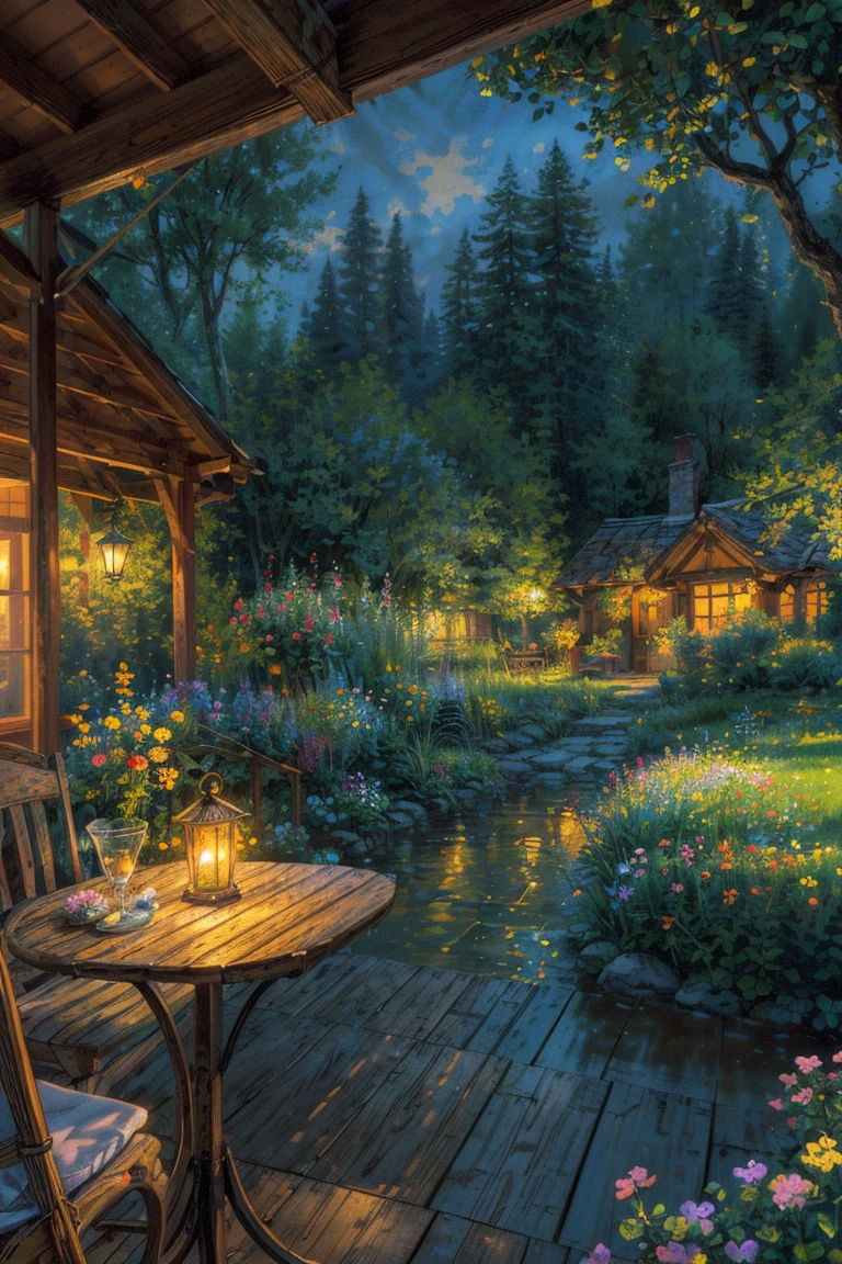 painting of a patio with a table and chairs and a table with flowers, serene evening atmosphere, summer afternoon, cottagecore!!, idyllic cottage, evening ambience, soothing and cozy landscape, cozy and peaceful atmosphere, cosy enchanted scene, thomas kinkade. cute cozy room, cozy home background, summer setting, detailed painting 4 k, by Li Keran
