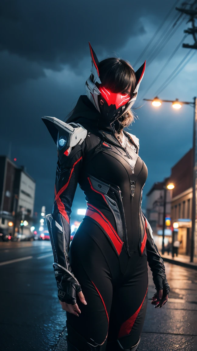 1 Japanese girl, Warframe, Complex Pattern, Heavy Metal, Energy Line, Faceless, Glowing Eyes, elegant, intense, Blood red and black uniform, alone, Modern, city, street, Dark Clouds, thunderstorm, heavy rain,, Dramatic lighting,, (masterpiece:1.2), Highest quality, High resolution,   Beautiful details, Very detailed, Perfect lighting,