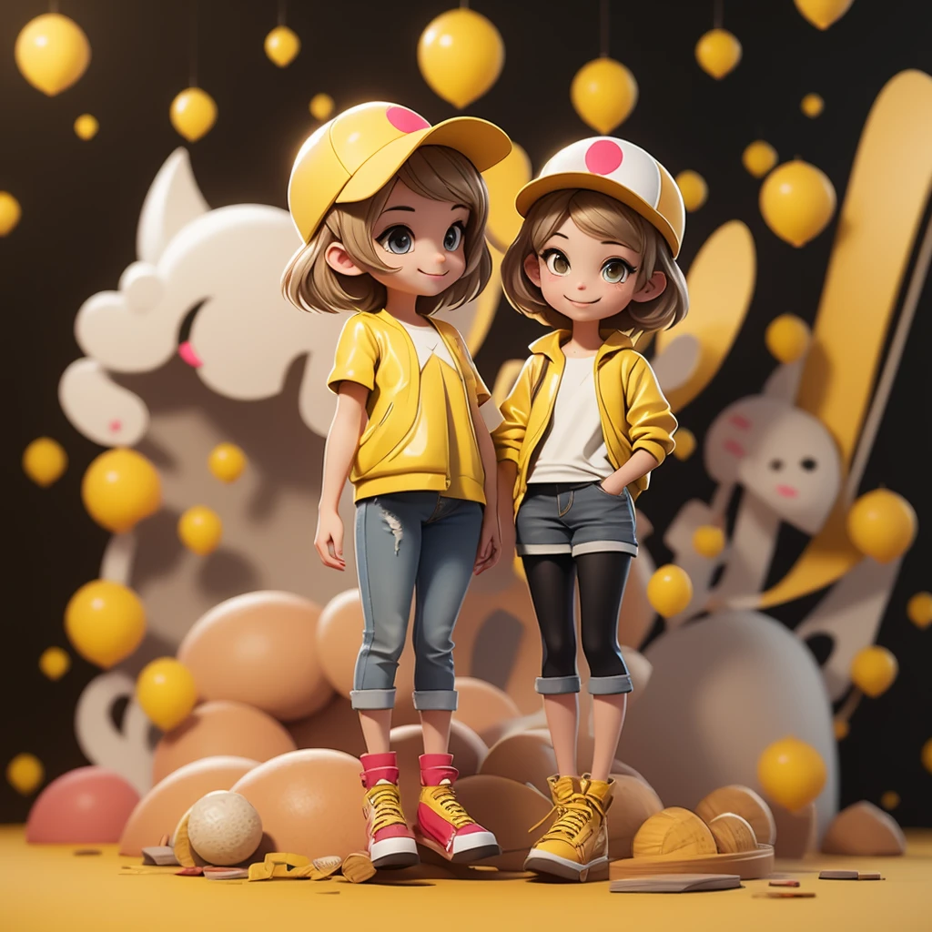 yellow color wearing modern clothes , happy joy , 3d illustration , dark background 