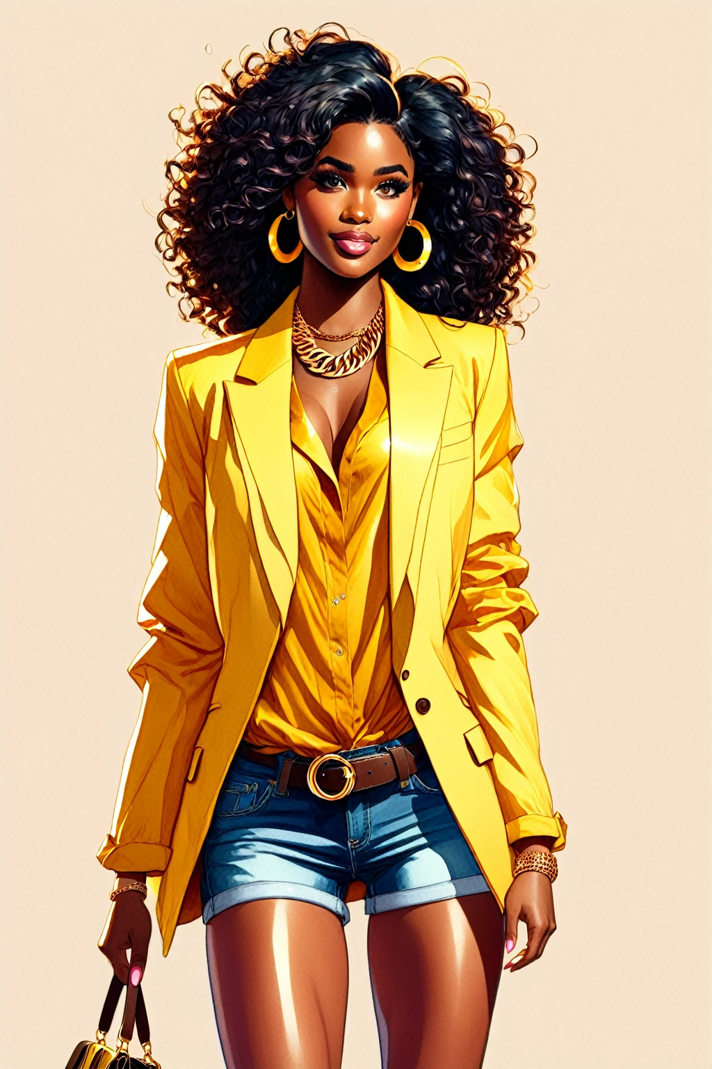 anime,Watercolor illustration of a female character. A beautiful 25-year-old black woman, she has dark wavy hair that falls in a cascade. She has striking eyes and freckles on her face. A woman is wearing a yellow blazer over a blue blouse and denim shorts... a brown belt. She is carrying a pink bag with a gold chain strap in her hand and wearing yellow high heels,vector art, cartoon style illustration, HD illustration, 8k,by Jen Bartel