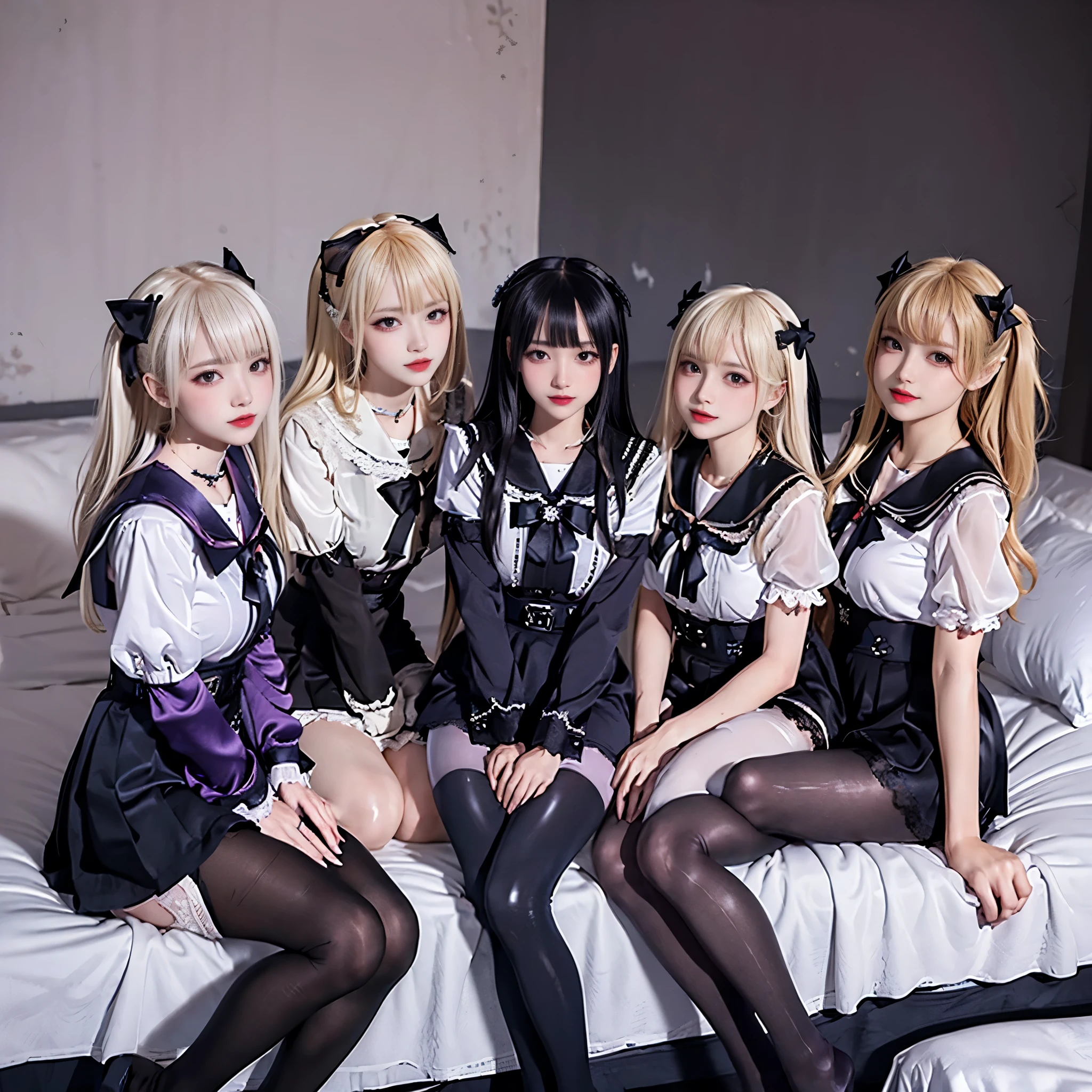 8K resolution, surreal, Super detailed, high quality, perfect anatomy, perfect proportion, 
((((((A group photo in bed room at midnight, satin luxurious bed, 3 girls, group photo)))))), 
(((((purple, wearing black face mask, jirai fashion, sailor collar, lingersuit, Lace, micro mini skirt, bow ribbon))))), 
((grin, happy, detailed face)), standing in lines, 
((((bleached hair))))+, (super large breasts),  
(((detailed oiled skin, detailed skin))), 
(((thin black see-through tights))), looking at viewer