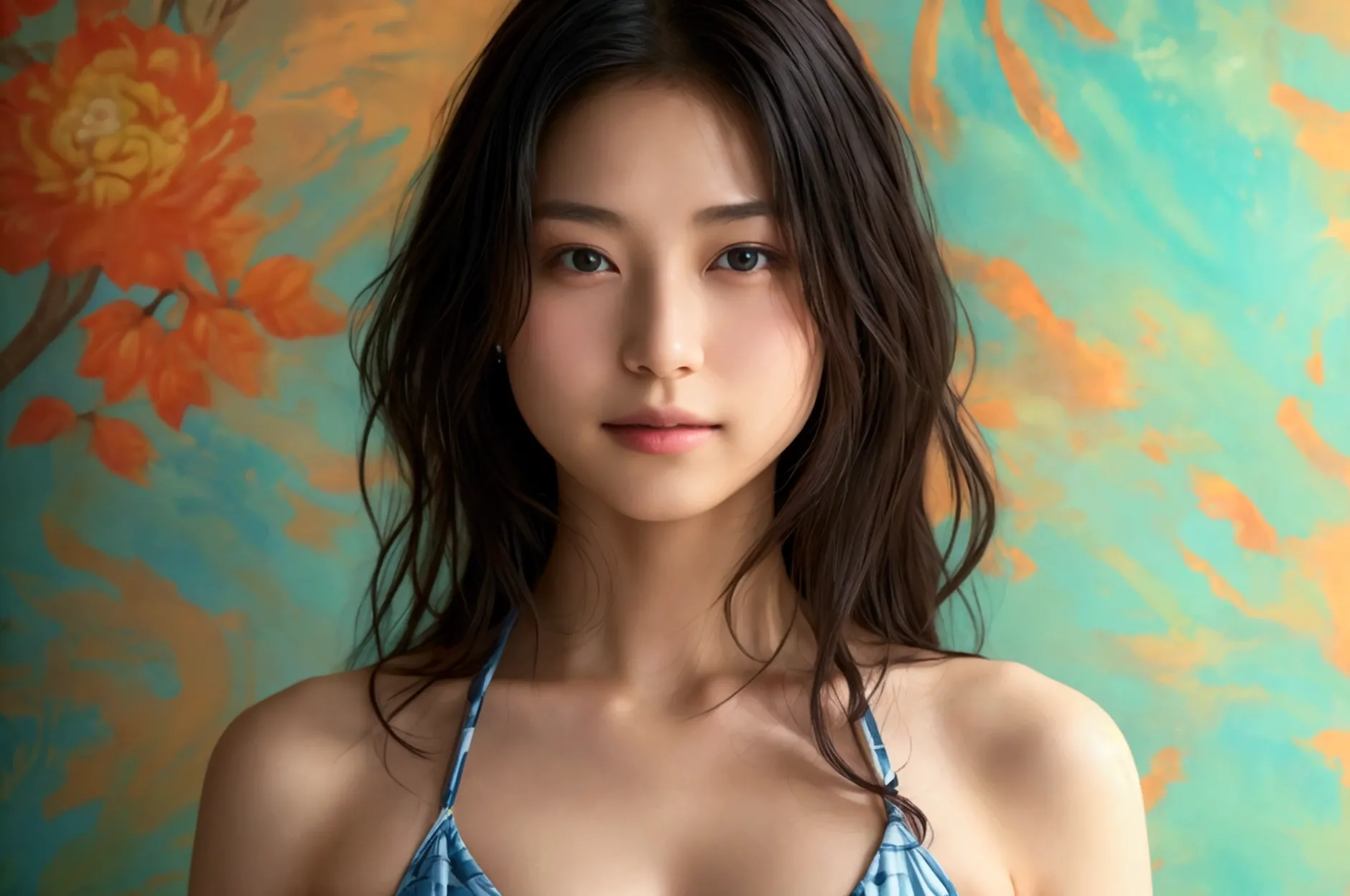 masterpiece:1.5、highest quality:1.5、(beautiful japanese women:18-year-old)、straight hair with black hair、bikini swimwear:string ...