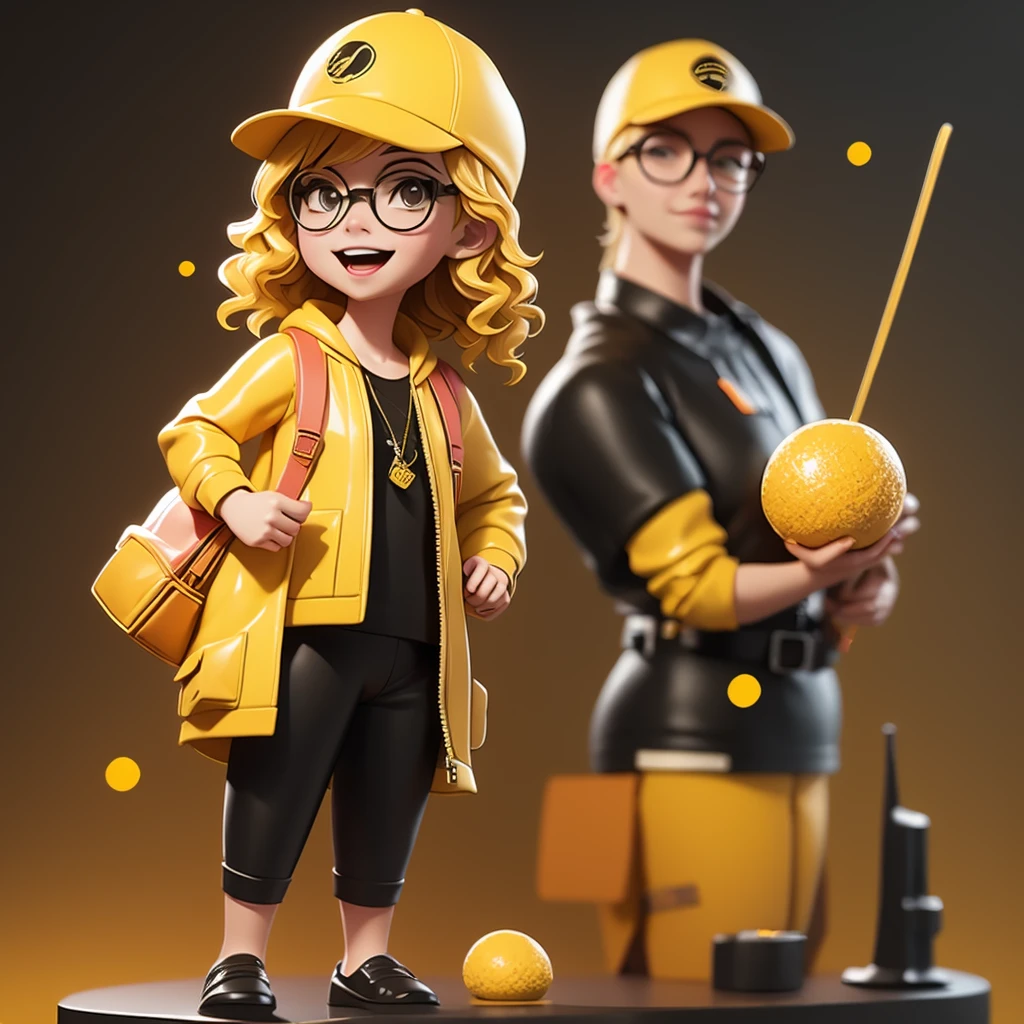 yellow color wearing modern clothes and black cinema glasses , mango logo on cap , happy joy , 3d illustration , dark background , movie theater background