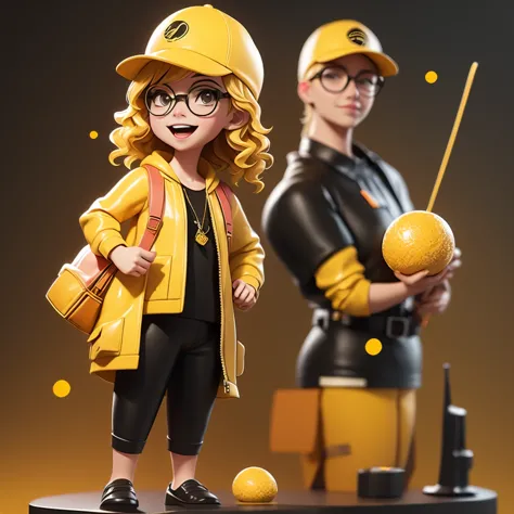 yellow color wearing modern clothes and black cinema glasses , mango logo on cap , happy joy , 3d illustration , dark background...