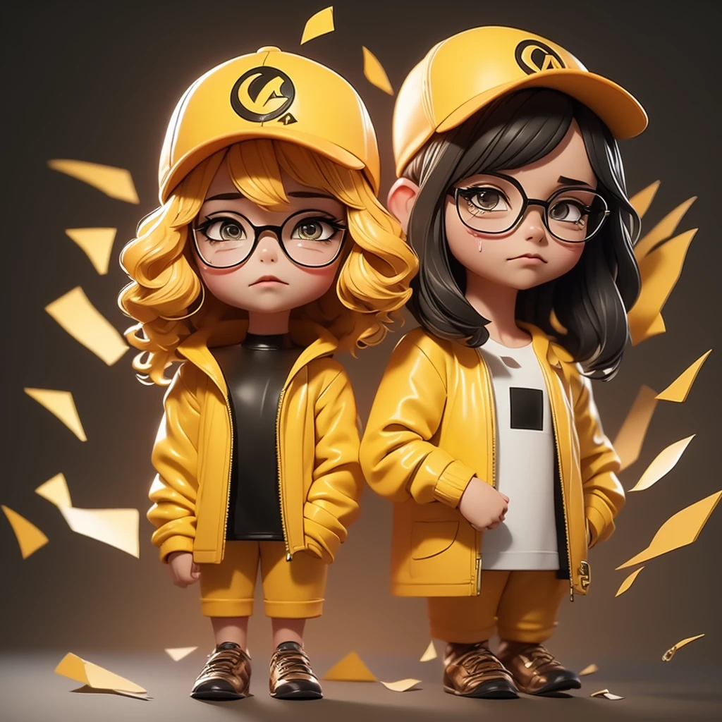 yellow color wearing modern clothes and black cinema glasses , mango logo on black cap , sad crying , 3d illustration , dark background , movie theater theme