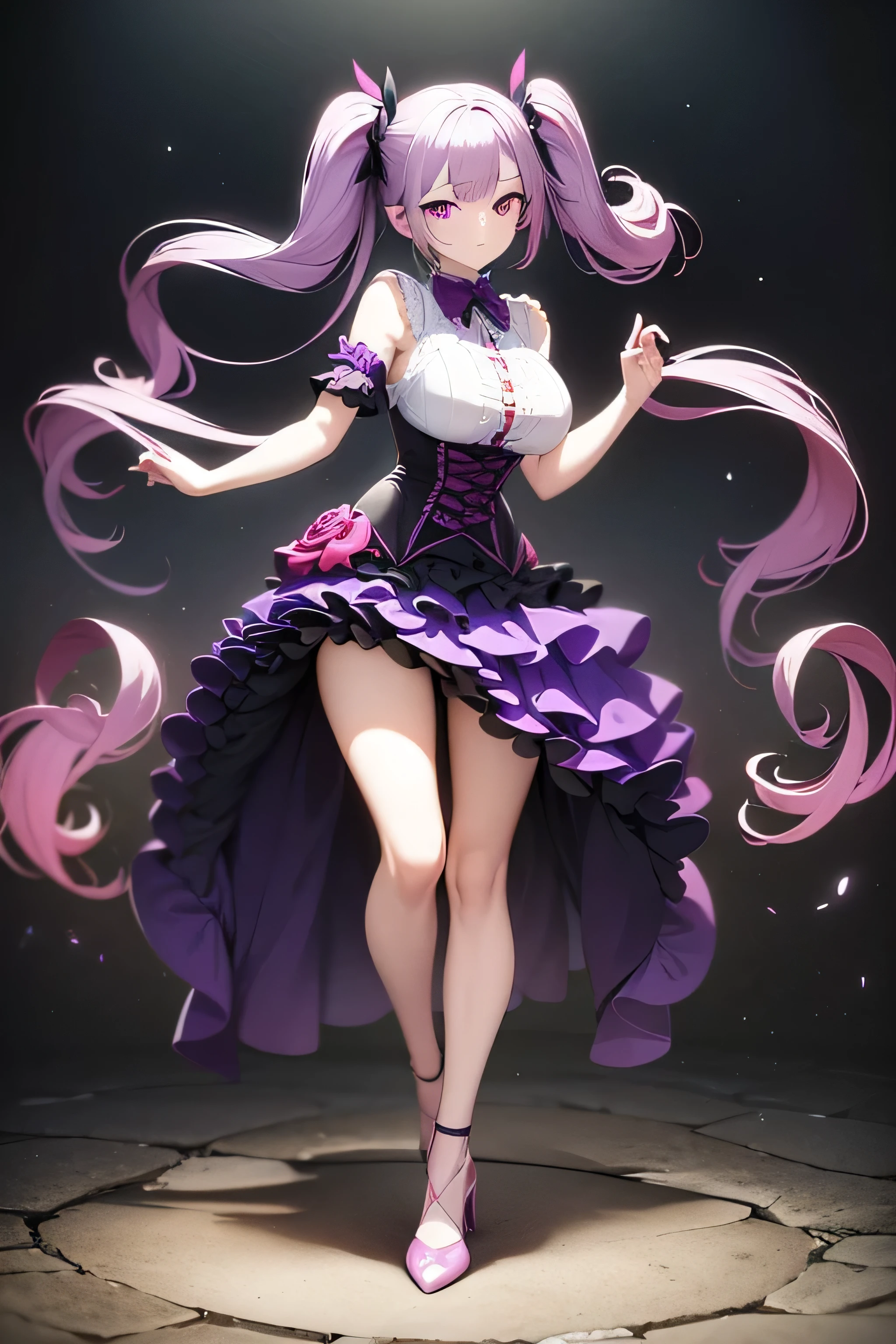 Adult female,Purple long hair,((Right eye is purple、The left eye is deep pink)),White shirt,((Arm twisted)),corset,skirt,High heels,Simple white background,(((Standing straight and looking at me))),((Pose with the soles of your feet on the ground)),(((whole body)))