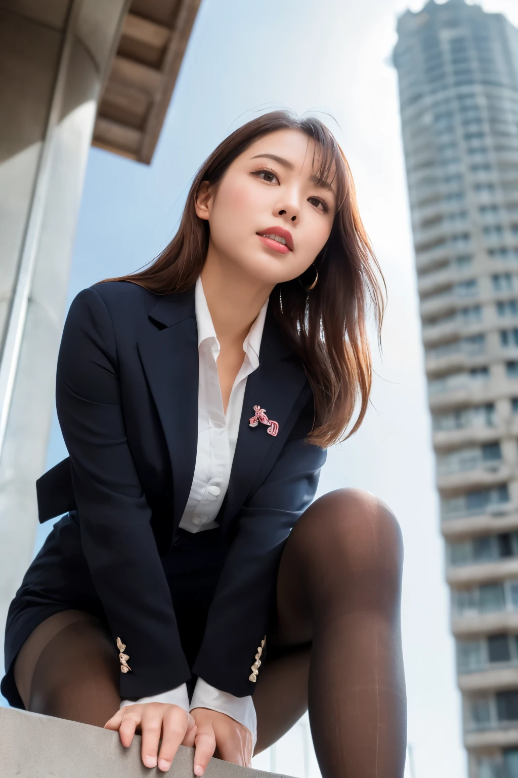 masterpiece, Bokeh, (Beautiful Face), (Detailed face), (Perfect hands), (Japanese Idols:1.6), (business suit:1.3), (Ultra-realistic pantyhose:1.3), (Sit at the top of the tower:1.3),( Balcony of a high-rise apartment building:1.3), (Blushed:1.3), High heels, (From below:1.8), Beautiful mature woman、