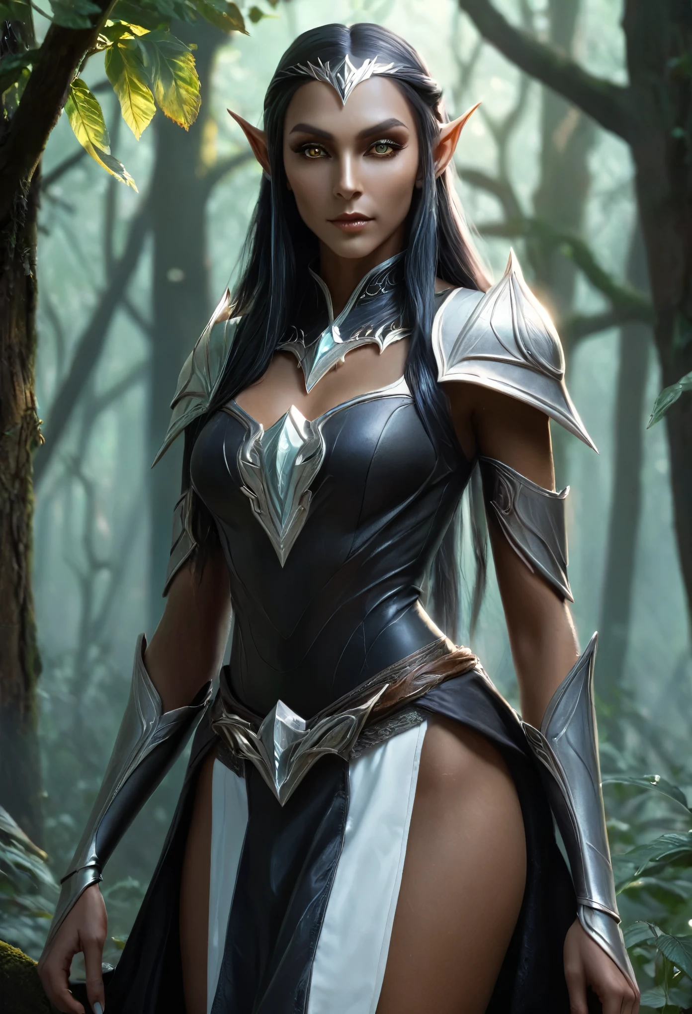 masterpiece, Highest quality, Intricate details, Gorgeous dark elven woman, (mint eye), Celestine Lucullus, Perfect Anatomy, (Perfect Face:1.1), White one-piece uniform, Sharp focus, ((alone:1.4), (Full Body Shot), View your viewers, Ultra-high resolution, (One Dark Elf girl:1.4), Highly detailed illustration, Smooth, Extremely pixel perfect, Detailed Background, art：Wlop と Ross Tran, forest, Fascinating,Venus Body, dark skin