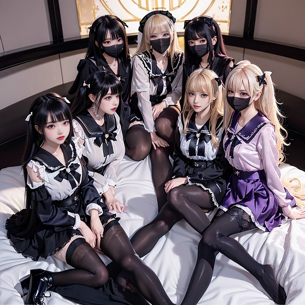 8K resolution, surreal, Super detailed, high quality, perfect anatomy, perfect proportion, 
((((((A group photo in bed room at midnight, satin luxurious bed, 3 girls, group photo)))))), 
(((((purple, wearing black face mask, jirai fashion, sailor collar, lingersuit, Lace, micro mini skirt, bow ribbon))))), 
((grin, happy, detailed face)), standing in lines, 
((((bleached hair))))+, (super large breasts),  
(((detailed oiled skin, detailed skin))), 
(((thin black see-through tights))), looking at viewer