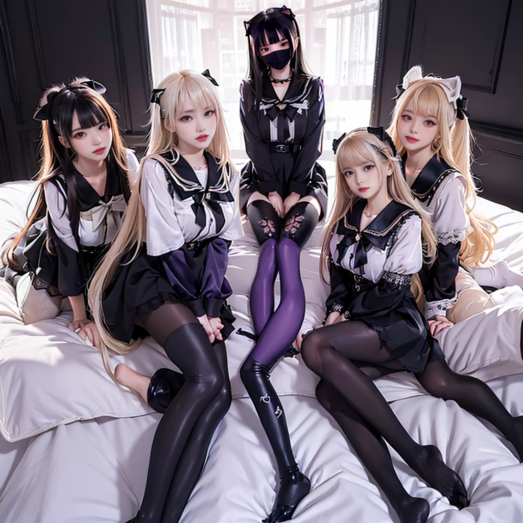 8K resolution, surreal, Super detailed, high quality, perfect anatomy, perfect proportion, 
((((((A group photo in bed room at midnight, satin luxurious bed, 3 girls, group photo)))))), 
(((((purple, wearing black face mask, jirai fashion, sailor collar, lingersuit, Lace, micro mini skirt, bow ribbon))))), 
((grin, happy, detailed face)), standing in lines, 
((((bleached hair))))+, (super large breasts),  
(((detailed oiled skin, detailed skin))), 
(((thin black see-through tights))), looking at viewer