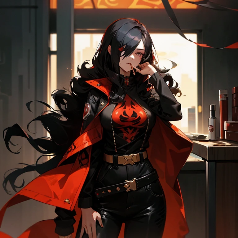 woman, female, long hair, covering one eye, side part, long hair, hair over one eye, curly, black hair, golden eyes, tall, slender, work clothes, overall, piercing, red hood, belt, with a scar, with a tobacco, in the chimney, cyberpunk