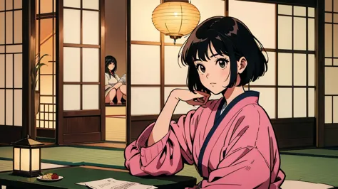 a girl sitting at a traditional tatami room, with paper lanterns and sliding doors, enjoying her music, lyco art, a manga drawin...