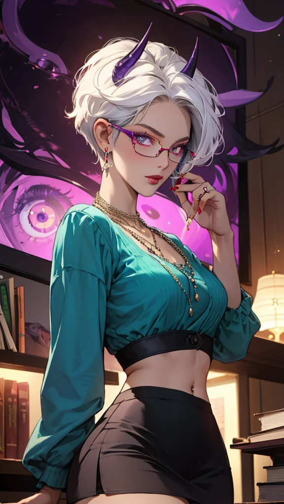 8k, masterpiece, best quality, highly detailed, 1 girl, tiefling, warlock, pixie cut, multicolored hair, very short straight hair red highlight hair on white hair, strippled hair, wearing glasses, round glasses, earrings, navel piercing, red eyeshadow, long eyelashes, blushed cheek, red lips, pearl necklace, rings, collarbone, mole on face, glamorous, teal and purple clothes, miniskirt, smirk, close up view, rings, looking at viewer, demon horns, solo, blue pale moon, standing, royal dress, devil books.