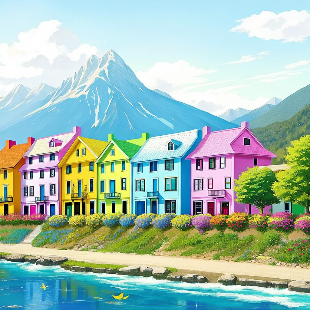 Huge colorful building, colorful flowers, bright colors, huge butterfly shaped building, small colorful houses, spring weather, bright sun, snowy mountains, small river