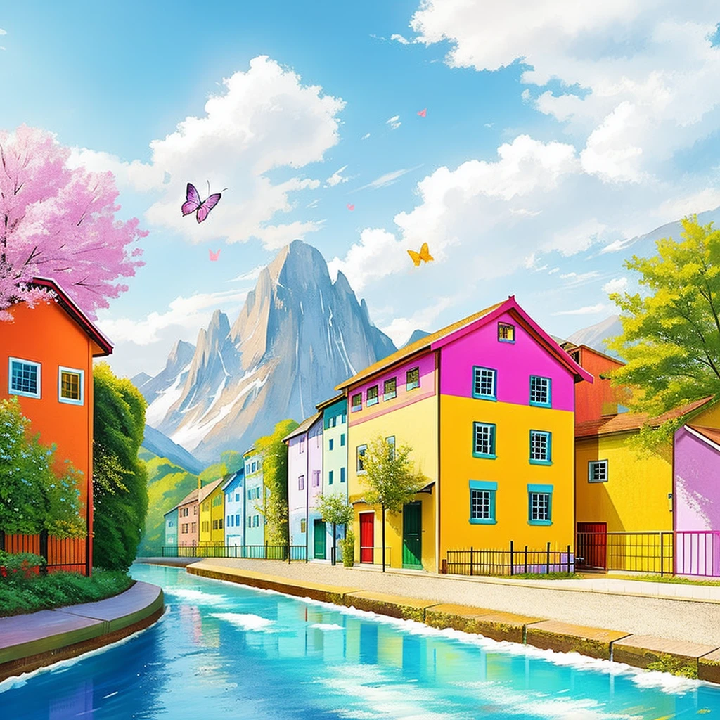 Huge colorful building, colorful flowers, bright colors, huge butterfly shaped building, small colorful houses, spring weather, bright sun, snowy mountains, small river