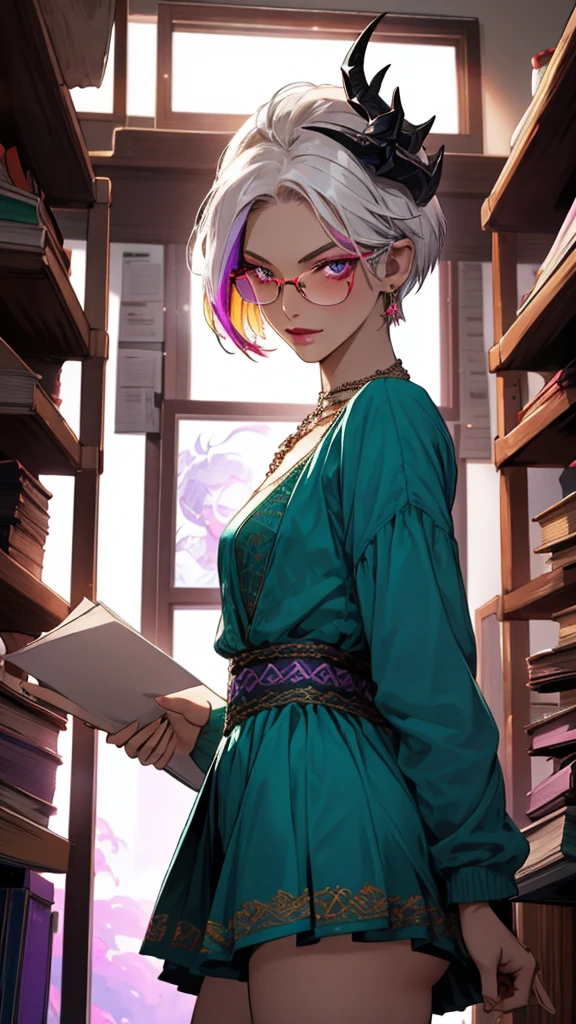 8k, masterpiece, best quality, highly detailed, 1 girl, tiefling, warlock, pixie cut, multicolored hair, very short straight hair red highlight hair on white hair, strippled hair, wearing glasses, round glasses, earrings, navel piercing, red eyeshadow, long eyelashes, blushed cheek, red lips, pearl necklace, rings, collarbone, mole on face, glamorous, teal and purple clothes, miniskirt, smirk, close up view, rings, looking at viewer, demon horns, solo, blue pale moon, standing, royal dress, devil books.