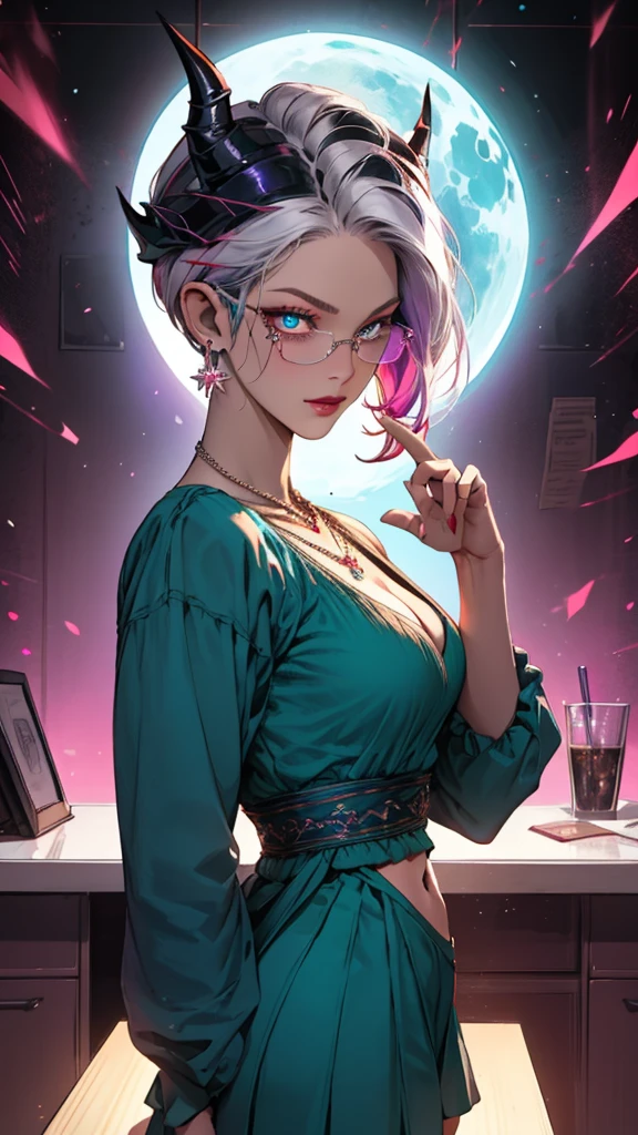 8k, masterpiece, best quality, highly detailed, 1 girl, tiefling, warlock, pixie cut, multicolored hair, very short straight hair red highlight hair on white hair, strippled hair, wearing glasses, round glasses, earrings, navel piercing, red eyeshadow, long eyelashes, blushed cheek, red lips, pearl necklace, rings, collarbone, mole on face, glamorous, teal and purple clothes, miniskirt, smirk, close up view, rings, looking at viewer, demon horns, solo, blue pale moon, standing, royal dress, devil books.