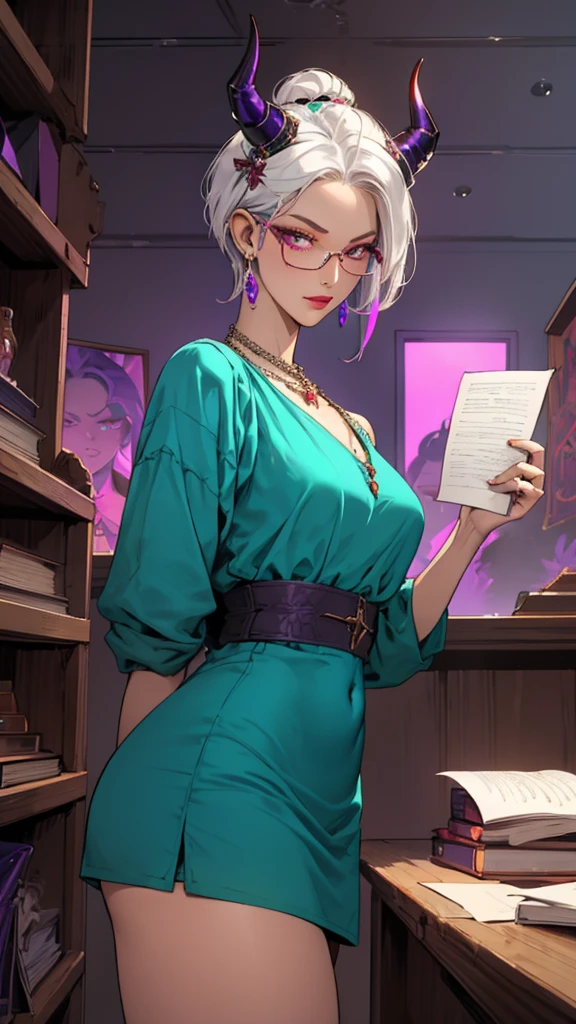 8k, masterpiece, best quality, highly detailed, 1 girl, tiefling, warlock, pixie cut, multicolored hair, very short straight hair red highlight hair on white hair, strippled hair, wearing glasses, round glasses, earrings, navel piercing, red eyeshadow, long eyelashes, blushed cheek, red lips, pearl necklace, rings, collarbone, mole on face, glamorous, teal and purple clothes, miniskirt, smirk, close up view, rings, looking at viewer, demon horns, solo, blue pale moon, standing, royal dress, devil books.