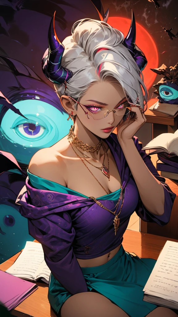 8k, masterpiece, best quality, highly detailed, 1 girl, tiefling, warlock, pixie cut, multicolored hair, very short straight hair red highlight hair on white hair, strippled hair, wearing glasses, round glasses, earrings, navel piercing, red eyeshadow, long eyelashes, blushed cheek, red lips, pearl necklace, rings, collarbone, mole on face, glamorous, teal and purple clothes, miniskirt, smirk, close up view, rings, looking at viewer, demon horns, solo, blood red moon, standing, royal dress, devil books.