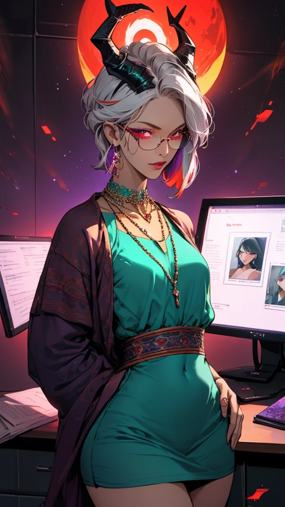 8k, masterpiece, best quality, highly detailed, 1 girl, tiefling, warlock, pixie cut, multicolored hair, very short straight hair red highlight hair on white hair, strippled hair, wearing glasses, round glasses, earrings, navel piercing, red eyeshadow, long eyelashes, blushed cheek, red lips, pearl necklace, rings, collarbone, mole on face, glamorous, teal and purple clothes, miniskirt, smirk, close up view, rings, looking at viewer, demon horns, solo, blood red moon, standing, royal dress, devil books.