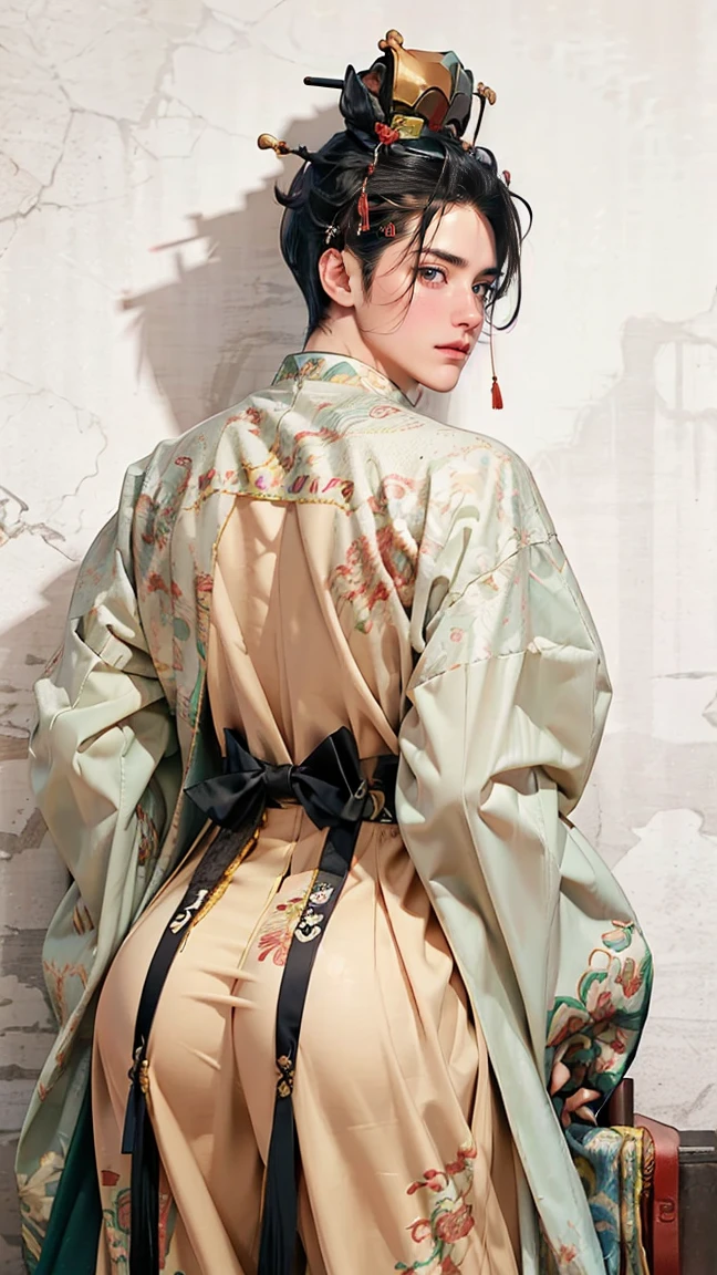 a male, big butt, big , wearing a crown, filler-lips , short black male style hair, wear a sexy Chinese clothes, show off his big butt, simple background
