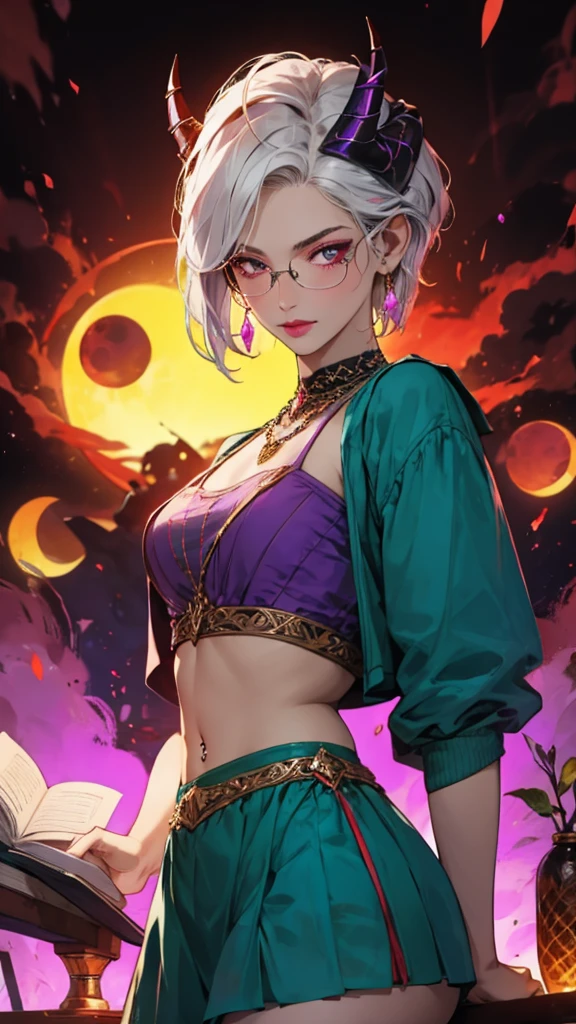 8k, masterpiece, best quality, highly detailed, 1 girl, tiefling, warlock, pixie cut, multicolored hair, very short straight hair red highlight hair on white hair, strippled hair, wearing glasses, round glasses, earrings, navel piercing, red eyeshadow, long eyelashes, blushed cheek, red lips, pearl necklace, rings, collarbone, mole on face, glamorous, teal and purple clothes, miniskirt, smirk, close up view, rings, looking at viewer, demon horns, solo, blood red moon, standing, royal dress, devil books.