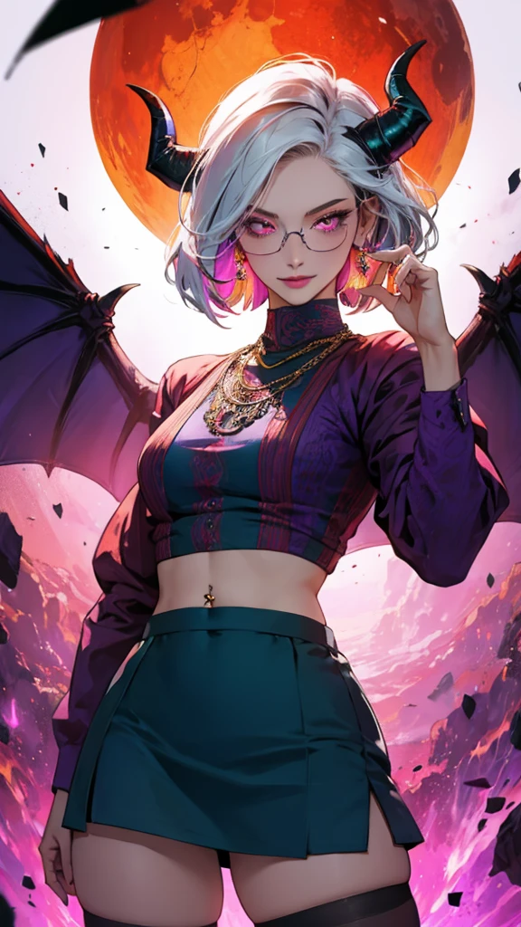 8k, masterpiece, best quality, highly detailed, 1 girl, tiefling, warlock, pixie cut, multicolored hair, very short straight hair red highlight hair on white hair, strippled hair, wearing glasses, round glasses, earrings, navel piercing, red eyeshadow, long eyelashes, blushed cheek, red lips, pearl necklace, rings, collarbone, mole on face, glamorous, teal and purple clothes, miniskirt, smirk, close up view, rings, looking at viewer, demon horns, solo, blood red moon, standing, royal dress, devil books.