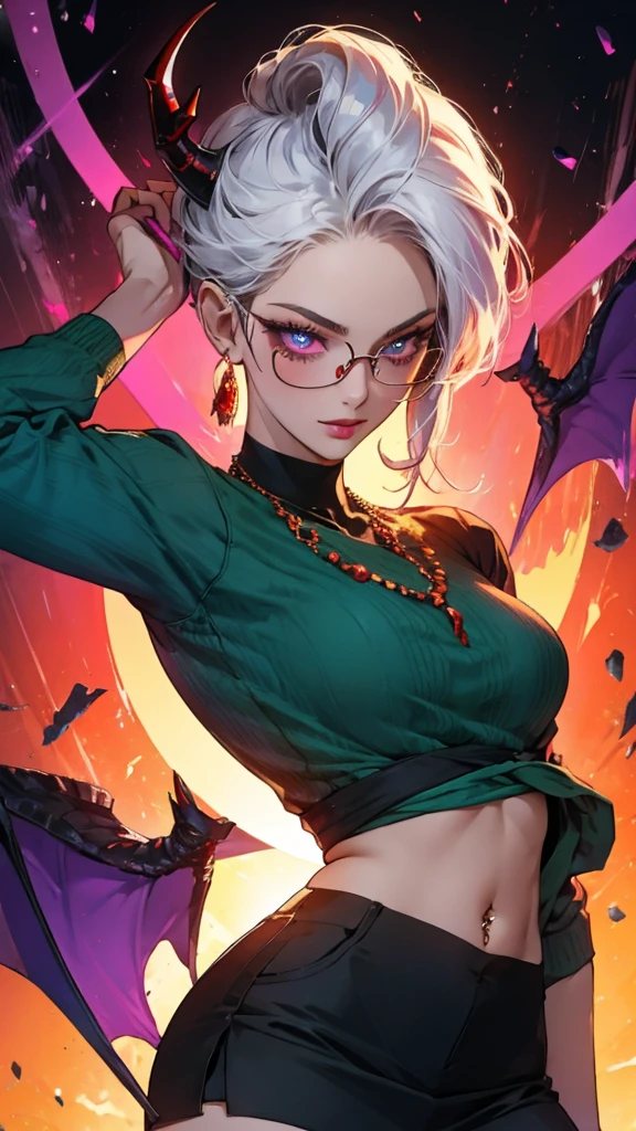 8k, masterpiece, best quality, highly detailed, 1 girl, tiefling, warlock, pixie cut, multicolored hair, very short straight hair red highlight hair on white hair, strippled hair, wearing glasses, round glasses, earrings, navel piercing, red eyeshadow, long eyelashes, blushed cheek, red lips, pearl necklace, rings, collarbone, mole on face, glamorous, teal and purple clothes, miniskirt, smirk, close up view, rings, looking at viewer, demon horns, solo, blood red moon, standing, royal dress, devil books.