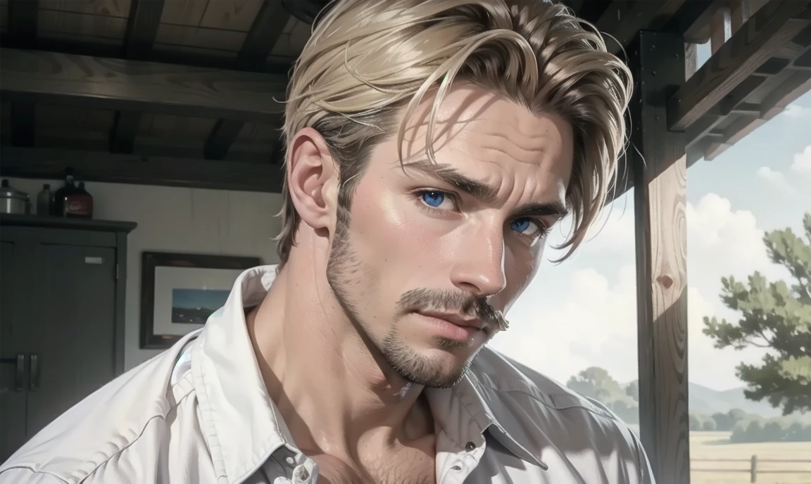 [((highly detailed, detailed eyes, detailed face, clear and realistic facial features, photorealistic, realistic light, cinematic)), (1 man), Mark is a handsome and alluring slender but muscular male farmer in his mid 40's with short blond hair and a neat moustache and blue eyes. There is a charming yet dry southern farm in the background ((calming comforting mood))]