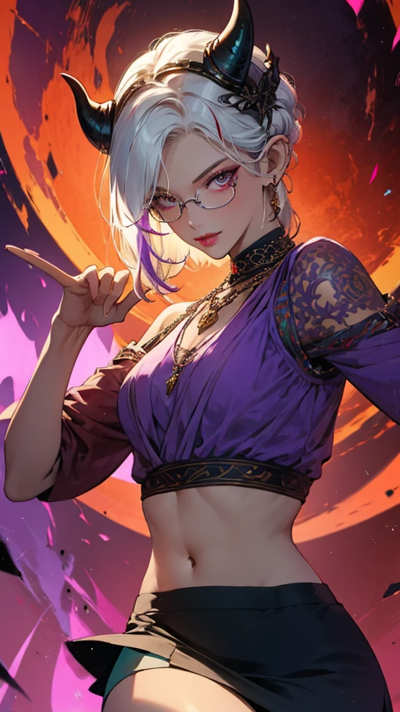 8k, masterpiece, best quality, highly detailed, 1 girl, tiefling, warlock, pixie cut, multicolored hair, very short straight hair red highlight hair on white hair, strippled hair, wearing glasses, round glasses, earrings, navel piercing, red eyeshadow, long eyelashes, blushed cheek, red lips, pearl necklace, rings, collarbone, mole on face, glamorous, teal and purple clothes, miniskirt, smirk, close up view, rings, looking at viewer, demon horns, solo, blood red moon, standing, royal dress, chains